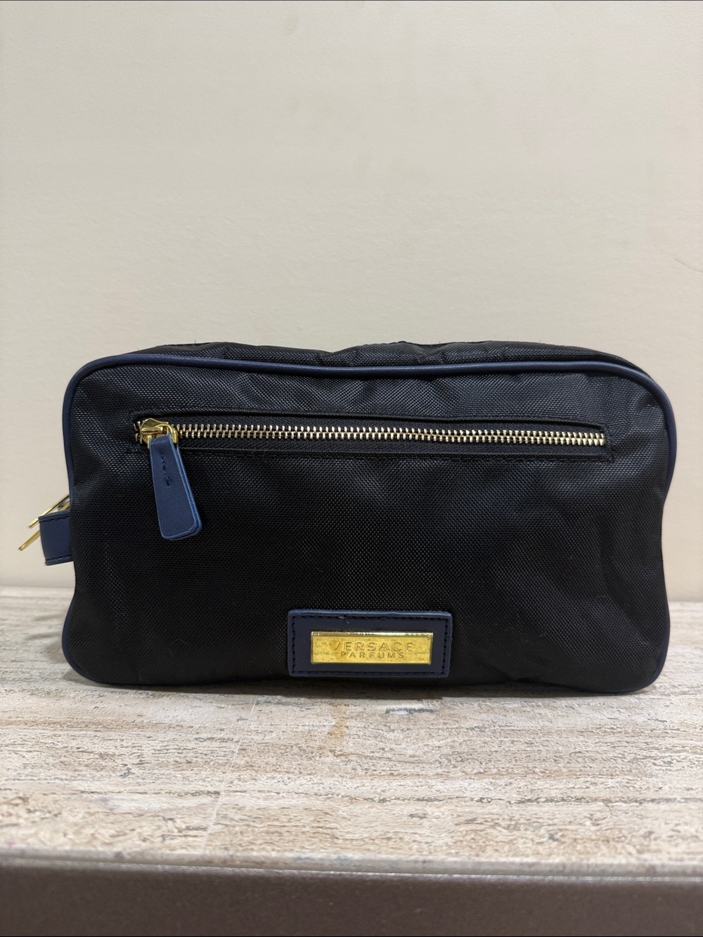 Versace Collection Black and Blue Nylon Toiletry Pouch with Gold Hardware
